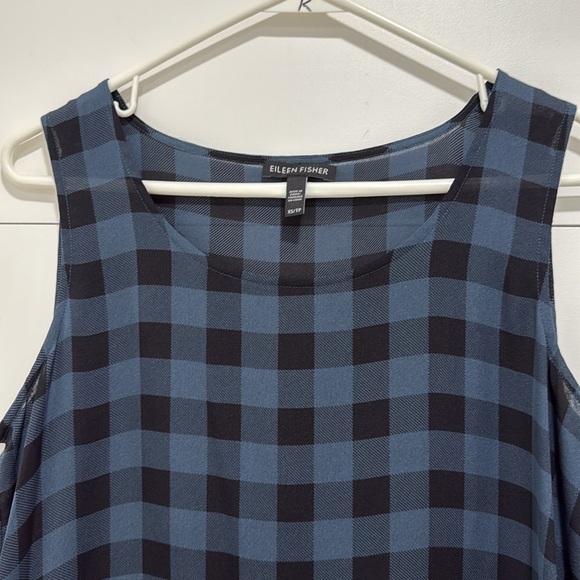 Eileen Fisher 100% Silk Blue Black Buffalo Plaid Sleeveless Tunic Tank Top XS - Picture 3 of 8